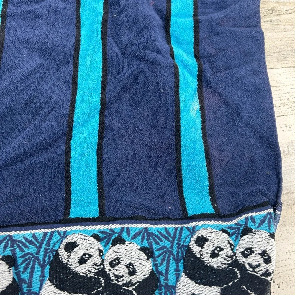 Vintage Panda Embroidered Beach Towel Blue Stripped Cotton